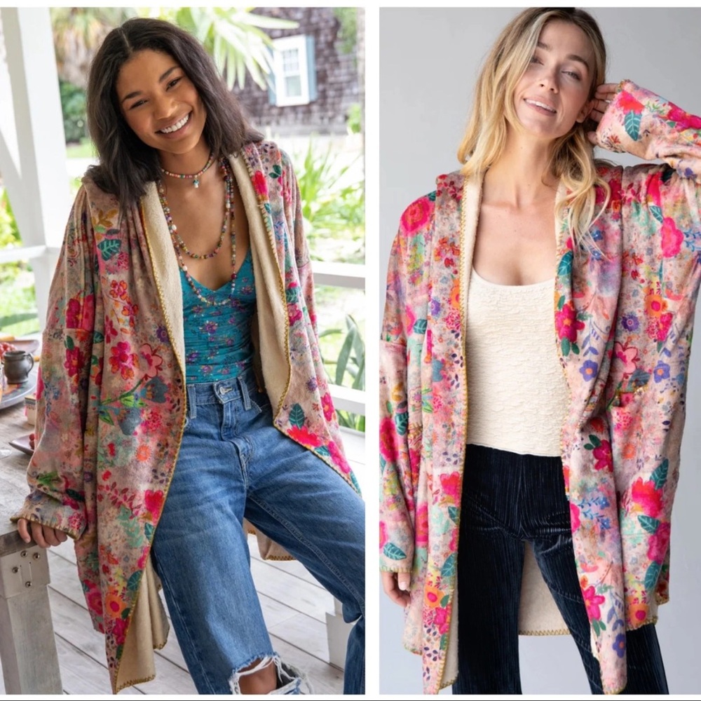 Natural Life COZY BLANKET KIMONO CARDIGAN in Taupe Ditzy print